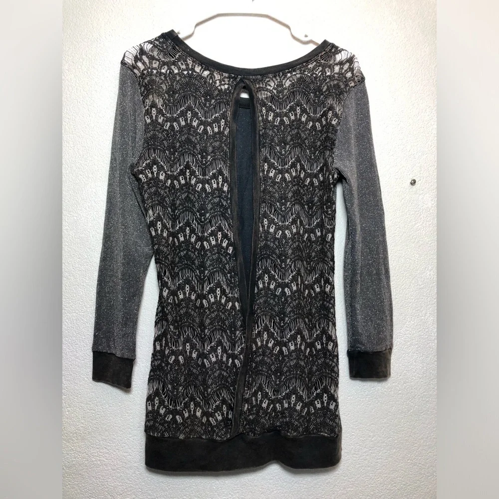 Crash & Burn Shimmering Charcoal Blouse with Lace Accents - Picture 2 of 9